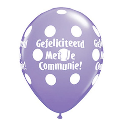 11 inch Lilac printed latex balloons featuring a Communie Big Polka Dots design.