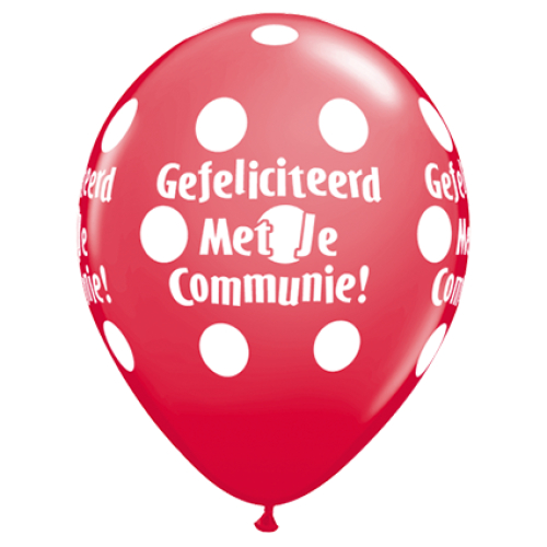 11 inch Red printed latex balloons featuring a Communie Big Polka Dots design.