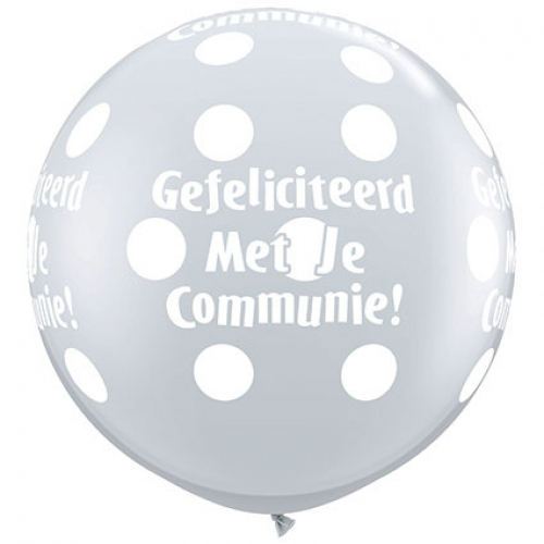36 inch Pearl White printed latex balloons featuring a Communion Big Polka Dots design.