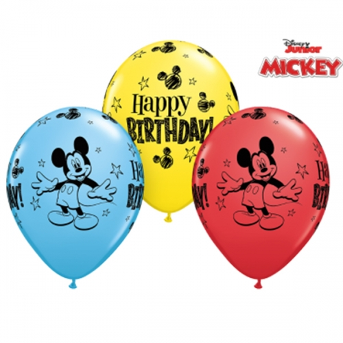 11 inch assorted printed latex balloons featuring Mickey Mouse Birthday designs.