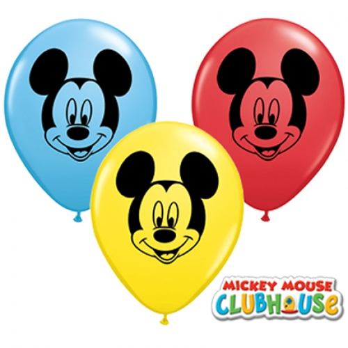 5 inch assorted printed latex balloons featuring Disney Mickey Mouse faces.