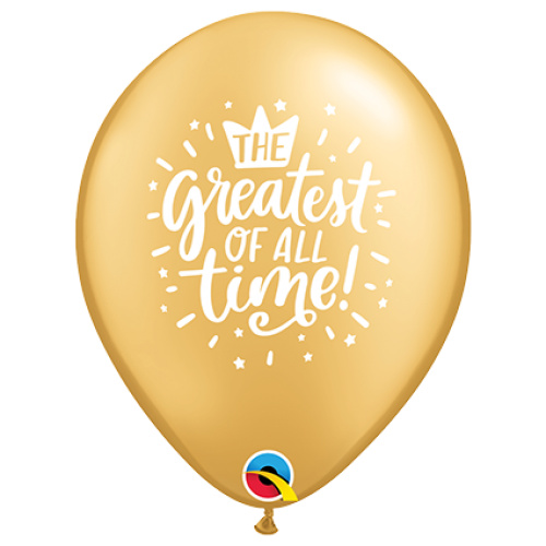 11 inch Gold printed latex balloons featuring The Greatest of All Time design.