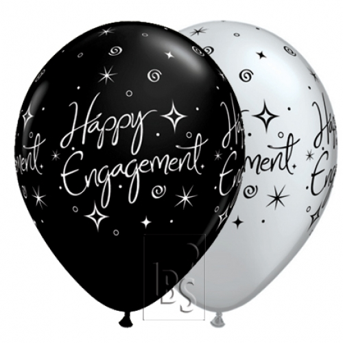 11 inch Silver & Onyx Black printed latex balloons featuring an elegant Engagement Sparkles design.