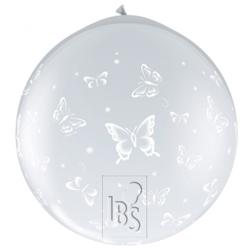 36 inch Diamond Clear printed latex balloons featuring a butterflies design.