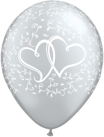 11 inch Pearl Silver printed latex balloons featuring intertwined hearts.
