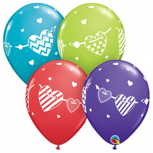 11 inch assorted printed latex balloons featuring a Banner Hearts design.