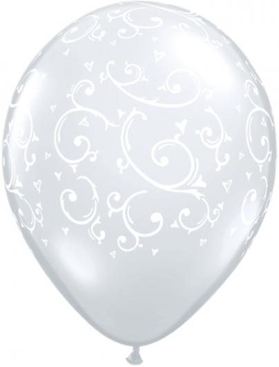 11 inch Diamond Clear printed latex balloons featuring filigree and hearts.