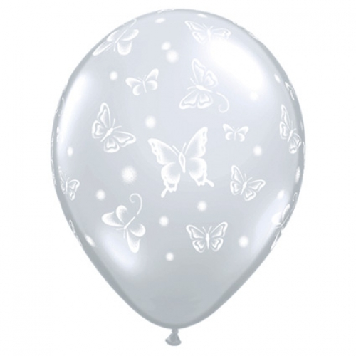 11 inch Diamond Clear printed latex balloons featuring a butterflies design.