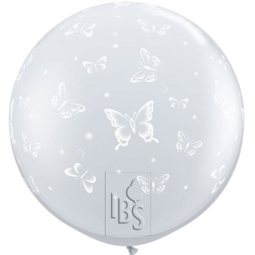 36 inch Diamond Clear printed latex balloons featuring a butterflies design.