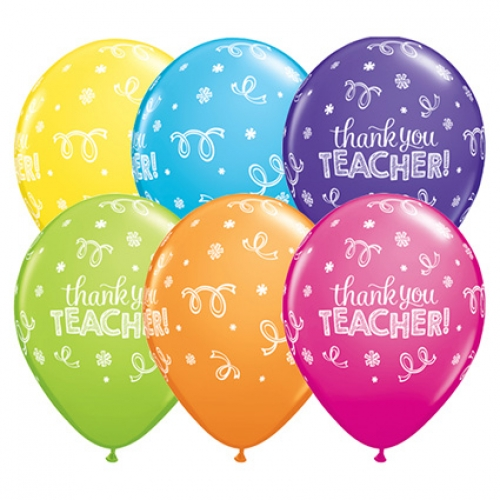11 inch assorted printed latex balloons featuring a Thank You Teacher design.