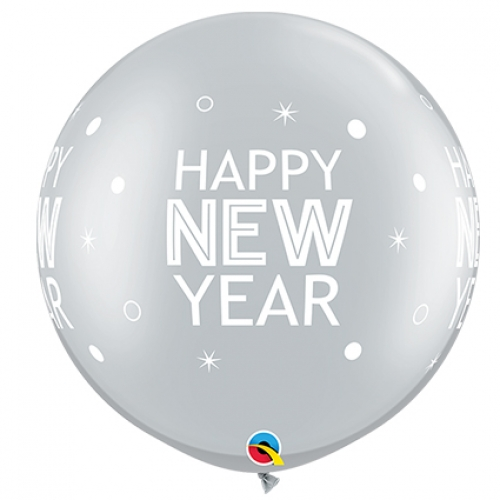 36 inch Silver printed latex balloons featuring a New Year Sparkles & Dots design.