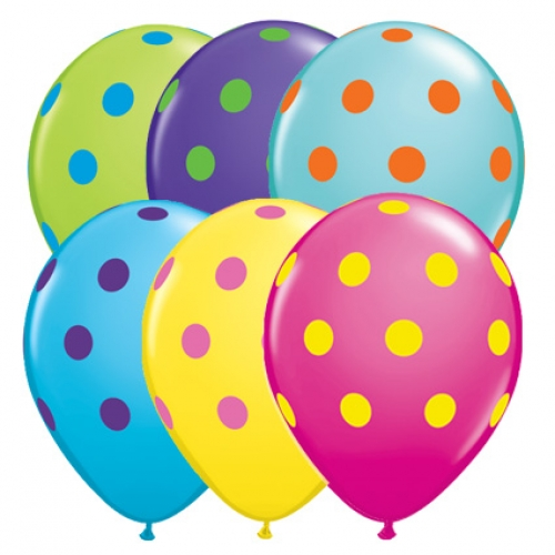 11 inch colourful assorted printed latex balloons featuring Big Polka Dots.