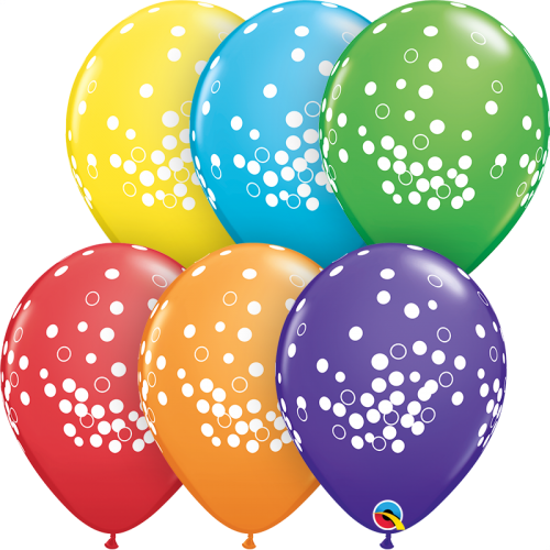 11 inch printed latex balloons featuring colourful Confetti Dots.