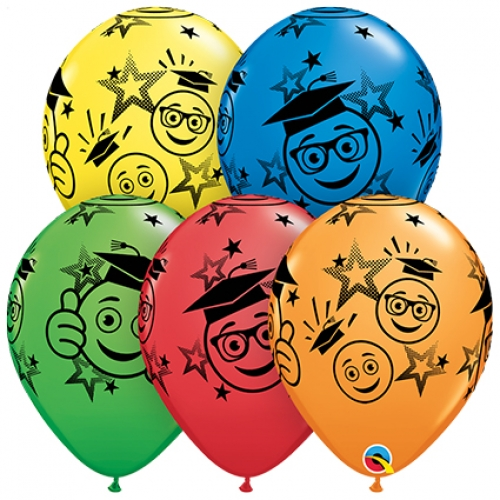 11 inch printed latex balloons featuring colourful Graduation Smileys designs.