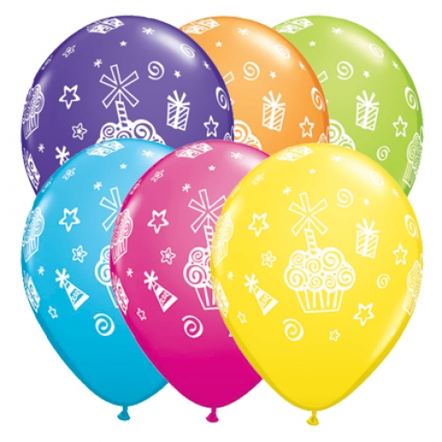 11 inch Tropical Assorted printed latex balloons featuring colourful cupcakes and presents.
