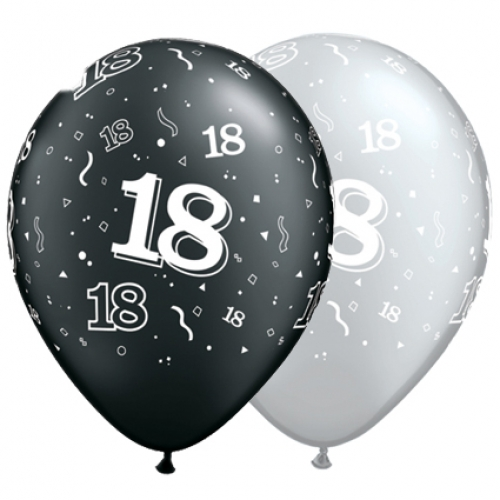 11 inch Onyx Black & Silver printed latex balloons featuring the number 18.