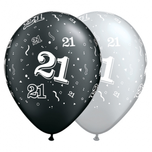 11 inch Onyx Black & Silver printed latex balloons featuring the number 21.