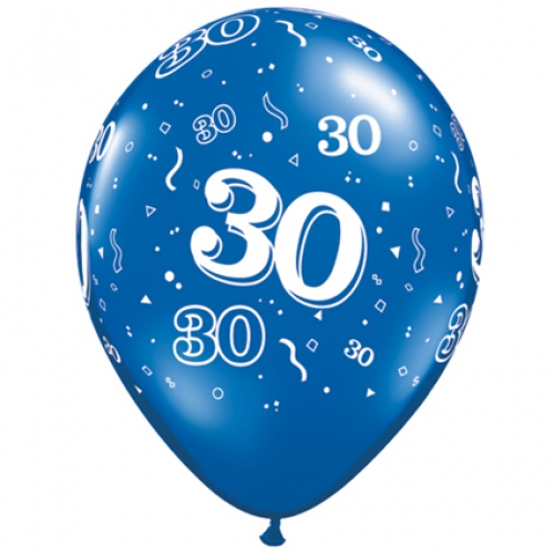 11 inch Sapphire Blue printed latex balloons featuring the number 30.