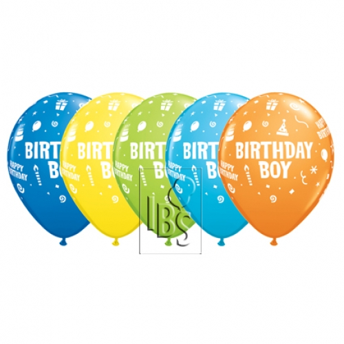 11 inch assorted printed latex balloons featuring Birthday Boy designs.