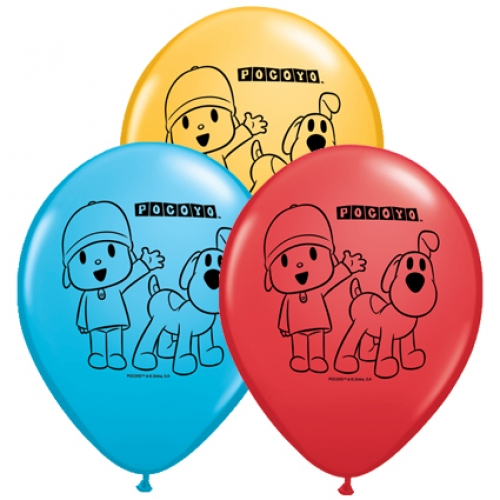 11 inch printed latex balloons featuring colourful Pocoyo character designs.