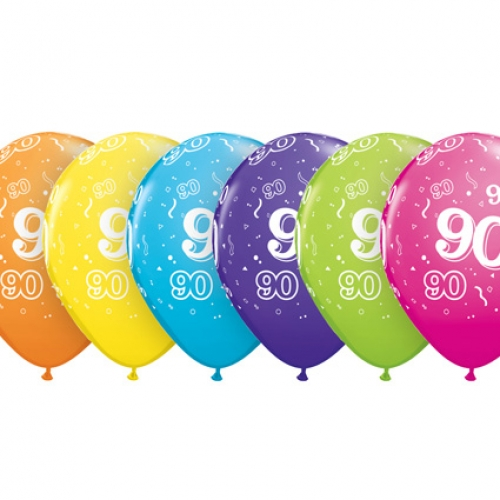 11 inch Tropical Assorted printed latex balloons featuring the number 90.