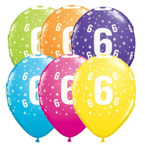 11 inch printed latex balloons featuring an age 6 stars design in tropical assorted colours.
