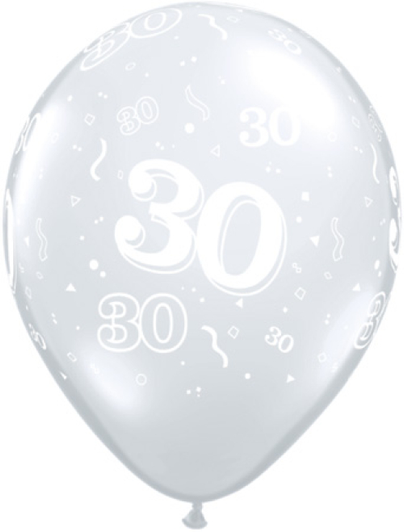 11 inch Diamond Clear printed latex balloons featuring the number 30.