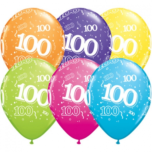 11 inch Tropical Assorted printed latex balloons featuring the number 100.
