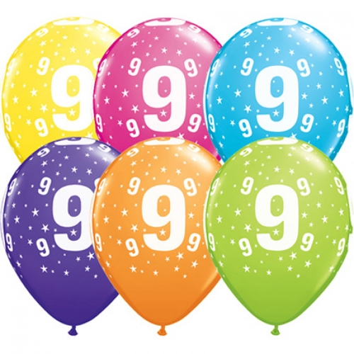 11 inch Tropical Assorted printed latex balloons featuring the number 9.