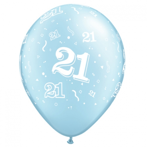 11 inch Pearl Light Blue printed latex balloons featuring the number 21.