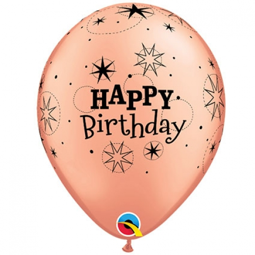 11 inch printed latex balloons featuring a Birthday Sparkle Rose Gold design.