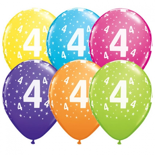 11 inch Tropical Assorted printed latex balloons featuring an Age 4 design.