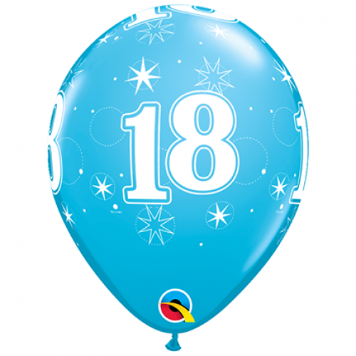 11 inch Robin's Egg Blue printed latex balloons featuring a sparkling number 18 design.