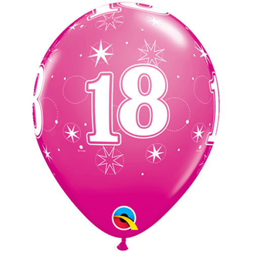11 inch Wild Berry printed latex balloons featuring a sparkling number 18 design.