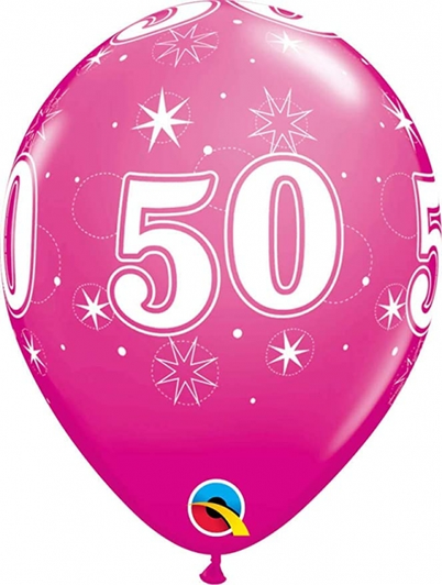 11 inch Wild Berry printed latex balloons featuring a sparkling number 50 design.