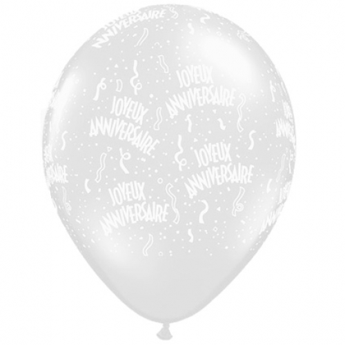 16 inch Diamond Clear printed latex balloons featuring a Joyeux Anniversaire design.