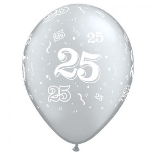 16 inch Silver printed latex balloons featuring the number 25.