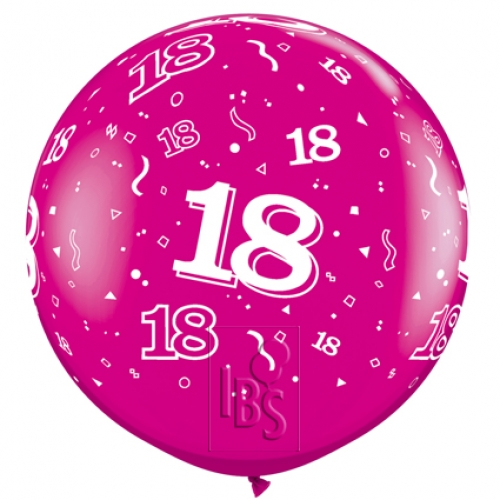 36 inch Wild Berry printed latex balloons featuring the number 18.