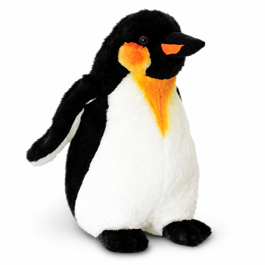 Penguin plush toy with black and white soft fabric, orange beak details and a cuddly design. Suitable for gifts, hampers, children's presents and retail displays.