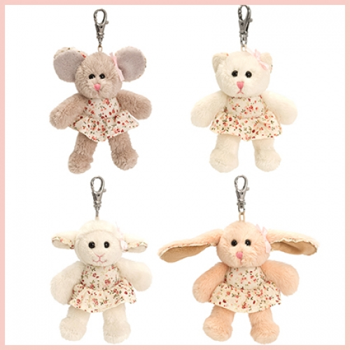 Assorted Belle Rose animal plush keychains including mouse, teddy bear, bunny and rabbit designs with decorative clothing and attached metal keychain clips. Suitable for gifts, party favours and retail displays.