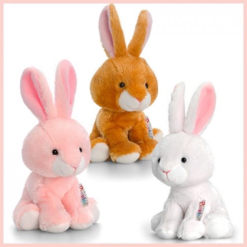 Assorted rabbit plush toy collection with pink, brown and white rabbit designs in soft fabric with detailed facial features and cuddly character styling. Suitable for gifts, hampers, children's presents and retail displays.