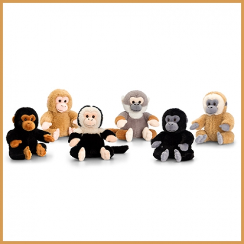Assorted mini monkey plush toy collection with soft fabric, detailed facial features and cuddly character styling. Suitable for gifts, hampers, children's presents and retail displays.