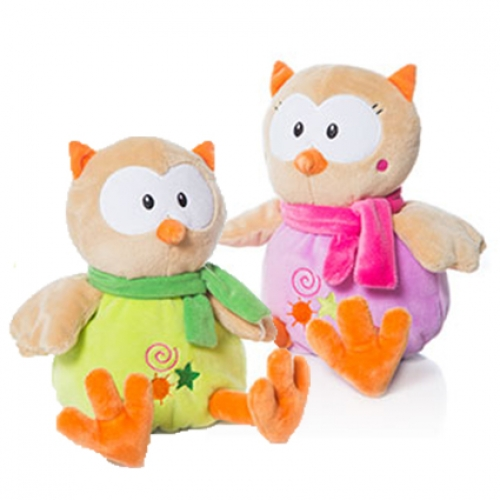 Assorted baby owl plush toy collection with soft fabric, colourful clothing details and integrated rattle feature. Suitable for baby gifts, hampers, nursery décor and retail displays.