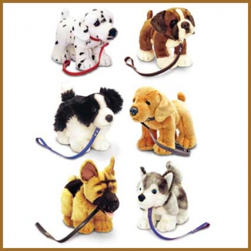 Assorted dog plush toy collection featuring different dog breeds with collars and attached lead details in soft fabric with realistic styling. Suitable for gifts, hampers, children's presents and retail displays.