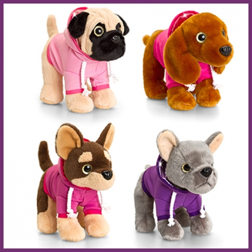 Assorted dog plush toy collection featuring different dog breeds with oversized sparkle eyes and colourful hoodie outfits in soft fabric. Suitable for gifts, hampers, children's presents and retail displays.