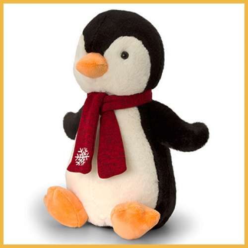 Penguin plush toy with soft fabric and decorative scarf details in a festive winter themed design. Suitable for Christmas gifts, seasonal hampers and retail displays.