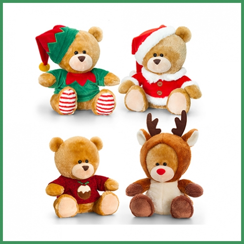 Assorted Christmas bear plush toy collection with festive clothing details, soft fabric and playful holiday styling. Suitable for Christmas gifts, seasonal hampers and retail displays.