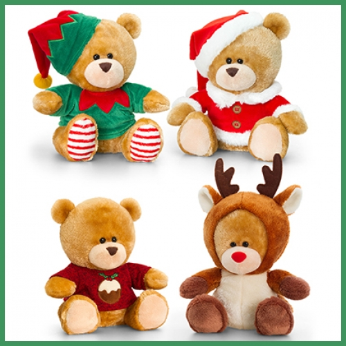 Assorted Christmas bear plush toy collection with festive clothing details, soft fabric and playful holiday styling. Suitable for Christmas gifts, seasonal hampers and retail displays.