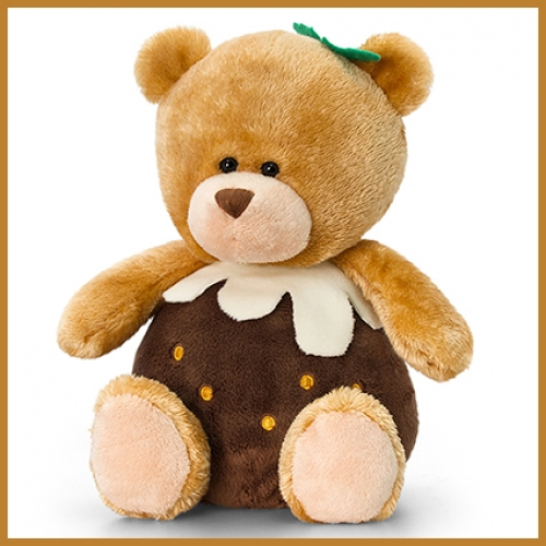 Christmas bear plush toy with soft fabric and decorative Christmas pudding details in a festive holiday design. Suitable for Christmas gifts, seasonal hampers and retail displays.