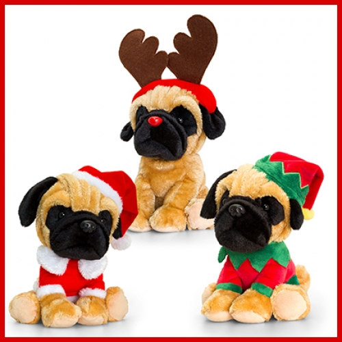 Assorted Christmas pug plush toy collection with festive clothing details, soft fabric and playful holiday styling. Suitable for Christmas gifts, seasonal hampers and retail displays.